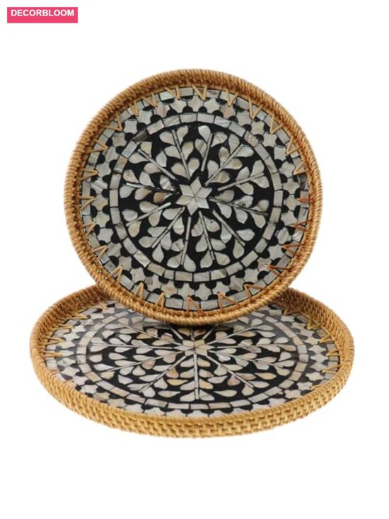 Other - Set of 2 Round Rattan Serving Trays with Mother of Pearl Inlay